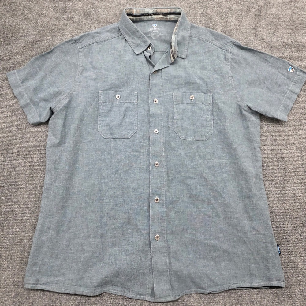 Kuhl Mens Large Blue Short Sleeve Button Down Linen Blend Shirt 7218